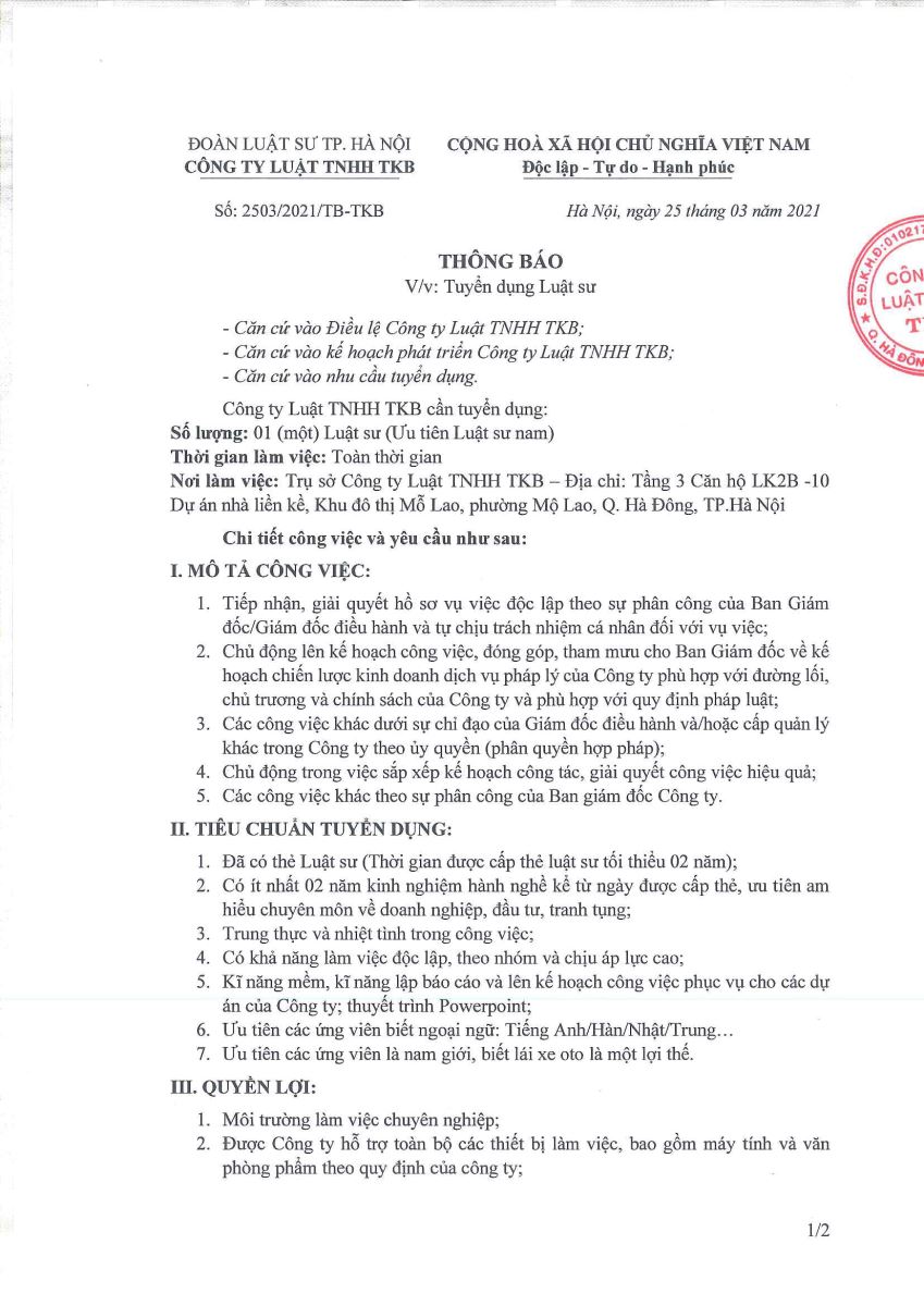 TKB Law tuyển dụng 01 Luật sư tại Hà Nội 2021