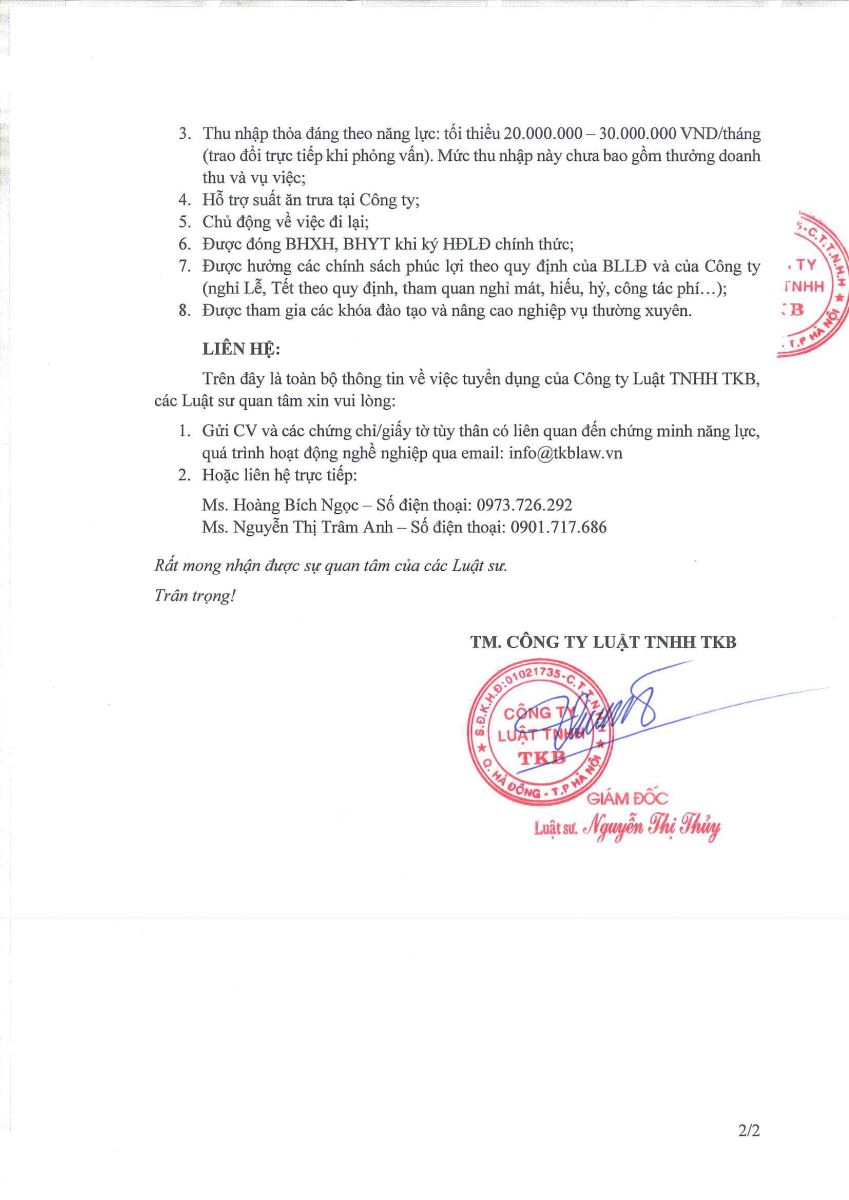 TKB Law tuyển dụng Luật sư tại Hà Nội năm 2021